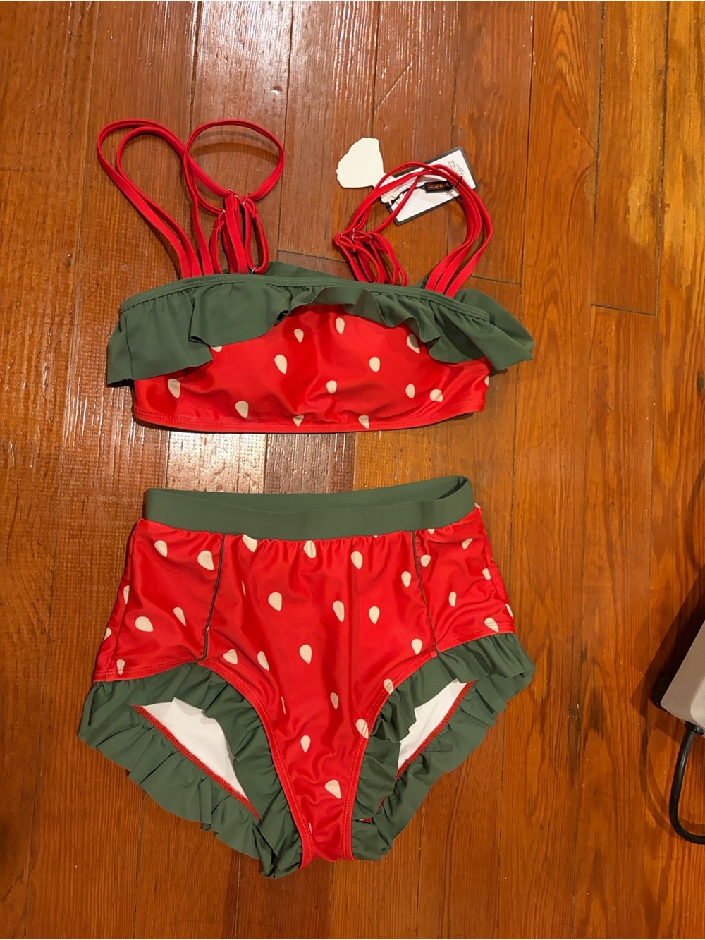 Retro Stage Strawberry Print Two-Piece Swim Set - Red & Green - Picture 1 of 2